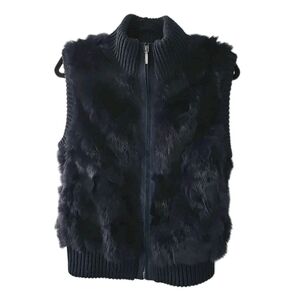 Pologeorgis Vest Womens Medium Black Dyed Real Rabbit Fur Full Zip Soft Winter
